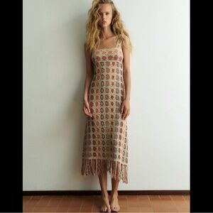 Zara Knit Crochet Fringe Midi Dress Size Small